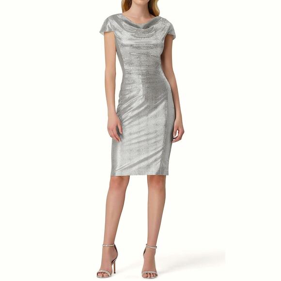 NWT Tahari ASL Women's Cowl neck Draped Back Metallic Cocktail Mini Dress - Picture 1 of 6